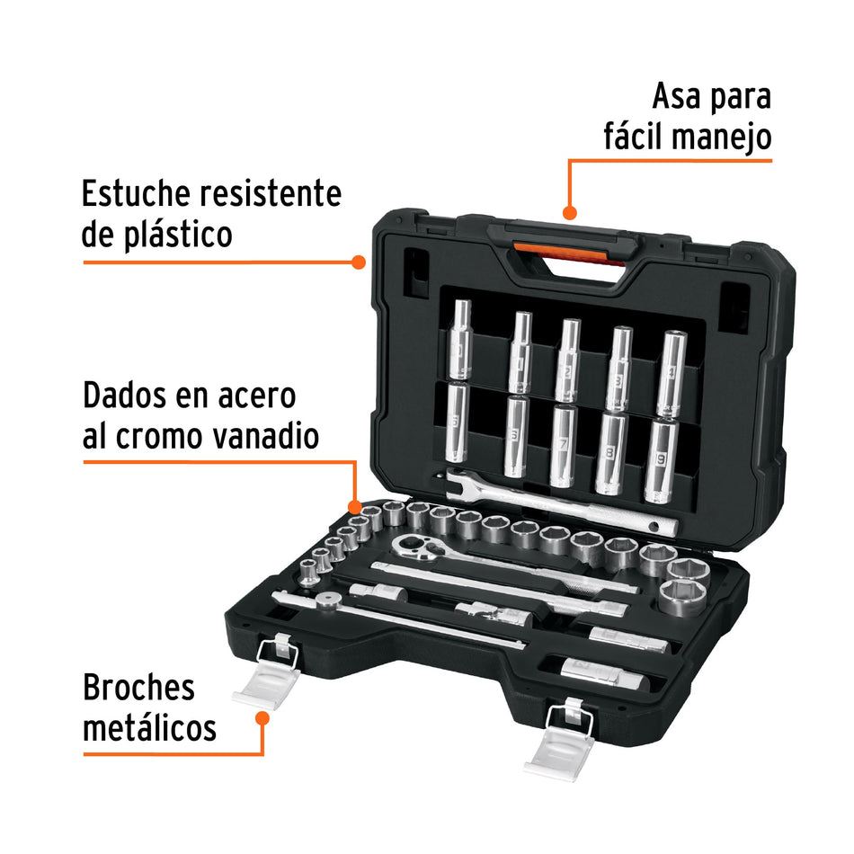 Juego de 36 herramientas cuadro 1/2" mm para Mecánico, Mantenimiento, Autocle.