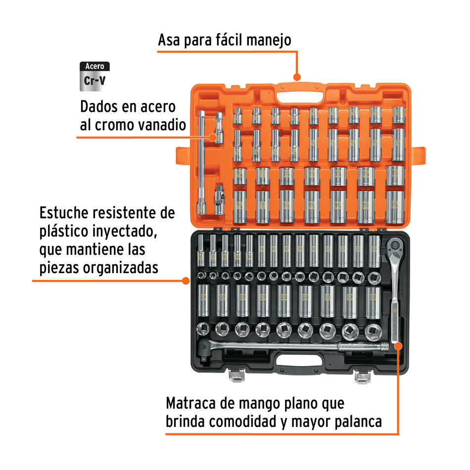 Juego de 83 herramientas cuadro 1/2" std y mm para Mecánico, Mantenimiento, Autocle.