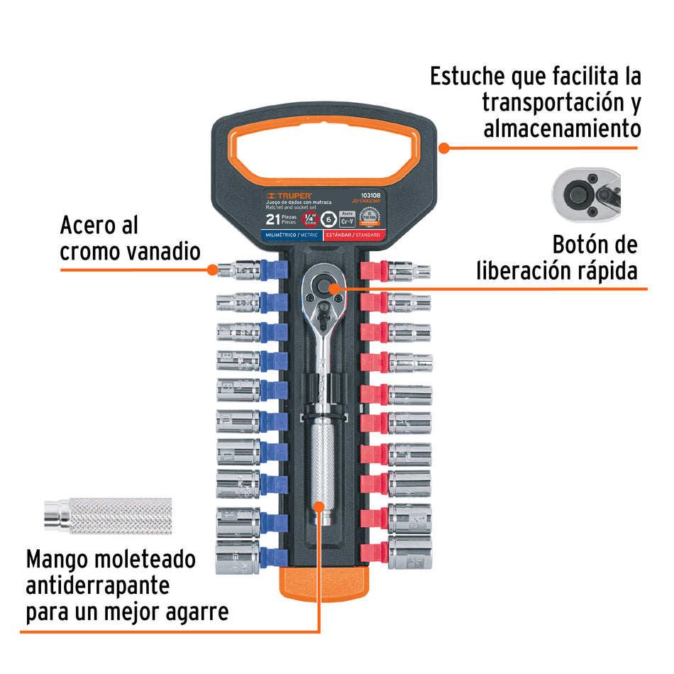 Juego de dados mm y std con matraca, cuadro 1/4", Truper, Mecanico, Mantenimiento.