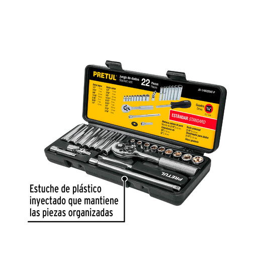 Juego de 22 herramientas 1/4" std para mecánico, Pretul