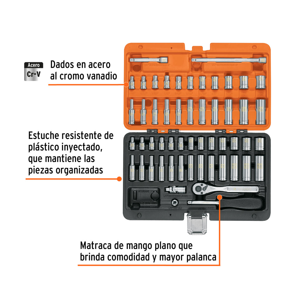 Juego de 54 herramientas cuadro 1/4" std y mm para Mecánico, Mantenimiento, Autocle.