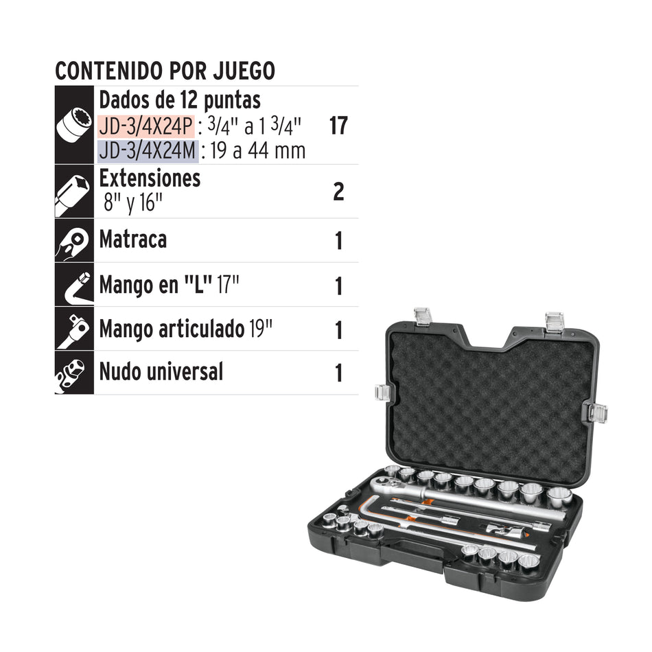 Juego de 23 herramientas cuadro 3/4" mm para Mecánico, Mantenimiento, Autocle.