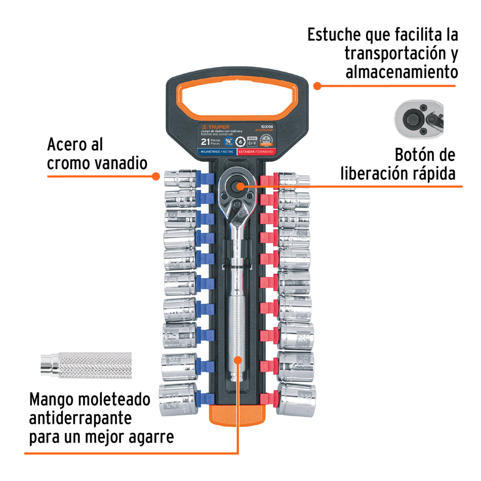 Juego de dados mm y std con matraca, cuadro 3/8", Truper, Mecanico, Mantenimiento.