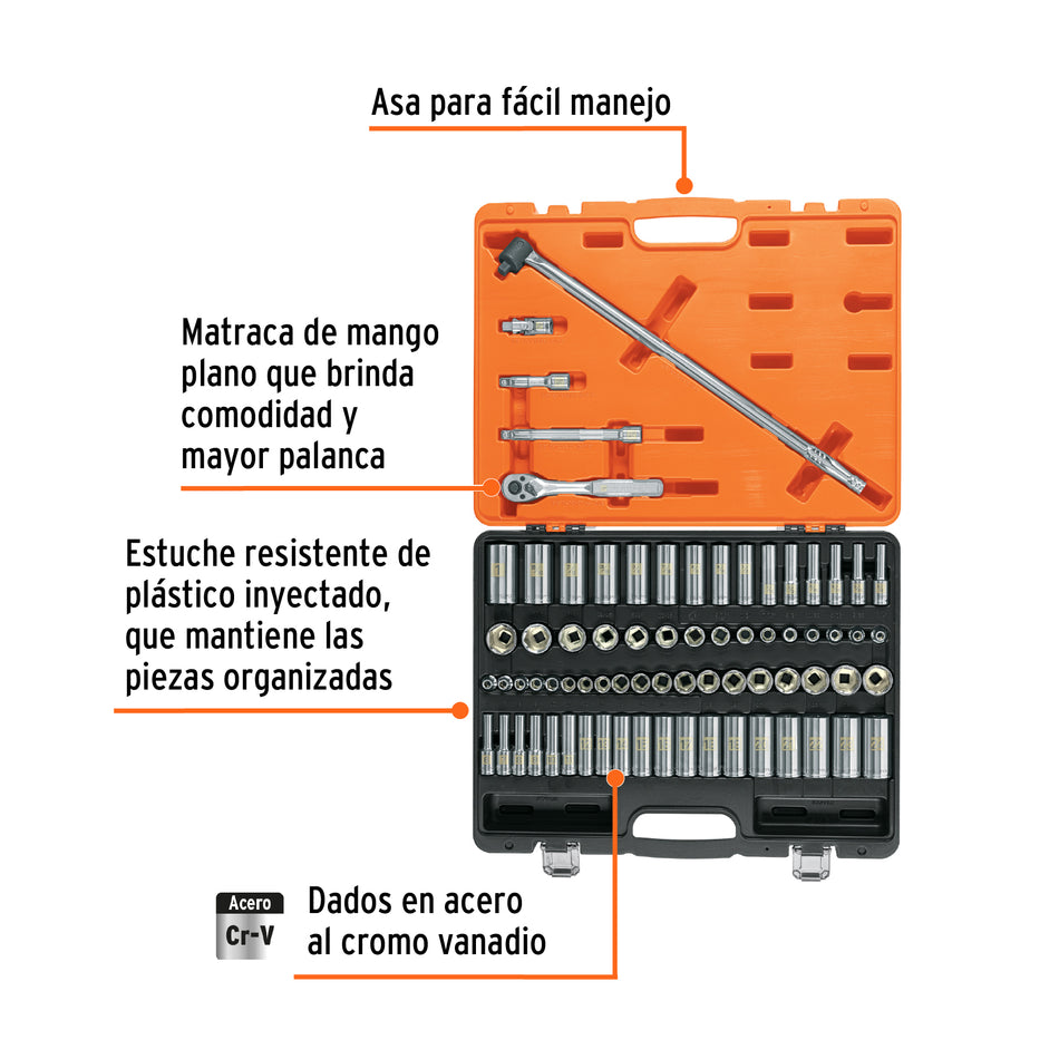 Juego de 73 herramientas cuadro 3/8" std y mm para Mecánico, Mantenimiento, Autocle.