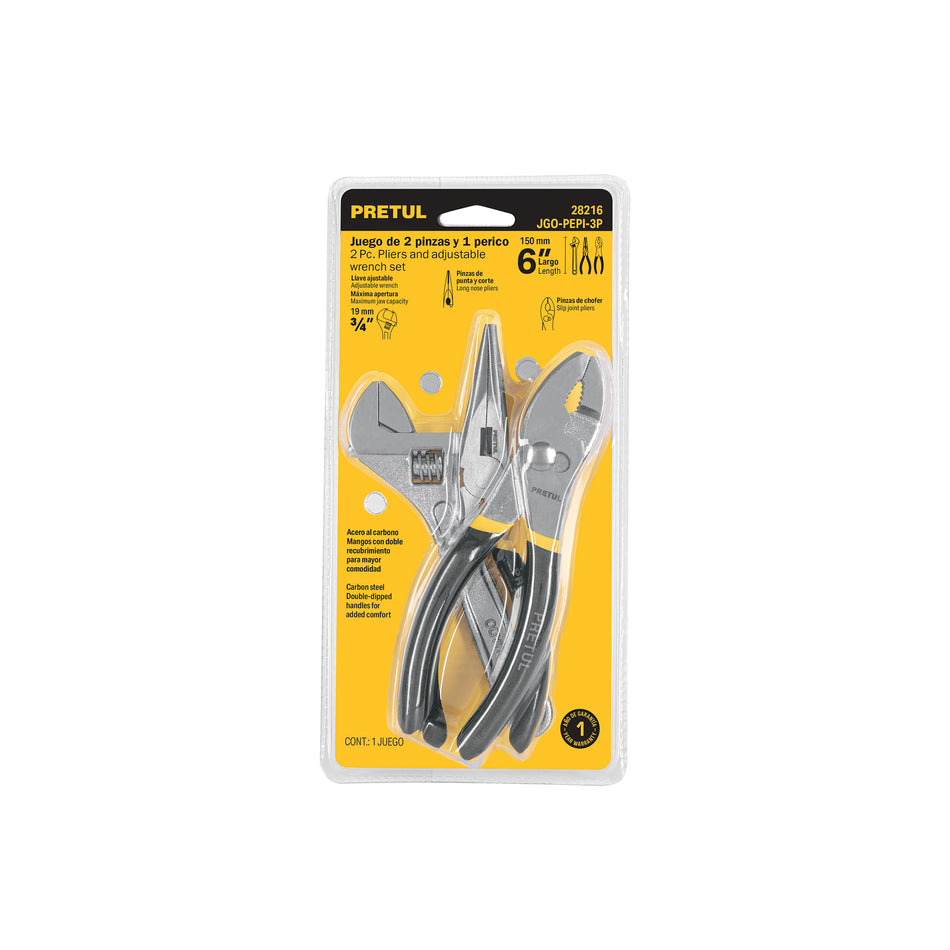 Juego de Herramientas Pretul 3 Piezas - 2 Pinzas + Llave Ajustable con Mango PVC - Solución Completa para Reparaciones y Mantenimiento