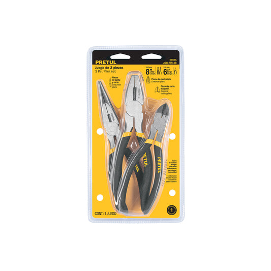 Juego 3 Pinzas Pretul Acero Carbono 6" y 8" Mango PVC - Sujeción Segura Trabajos Precisión JGO-PIN-3B