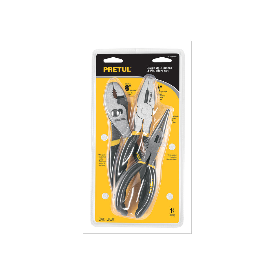 Juego 3 Pinzas Pretul Acero Carbono Mangos PVC - Herramientas Profesionales Agarre Seguro Trabajos Precisión Mecánica Electricidad - JGO-PIN-3C