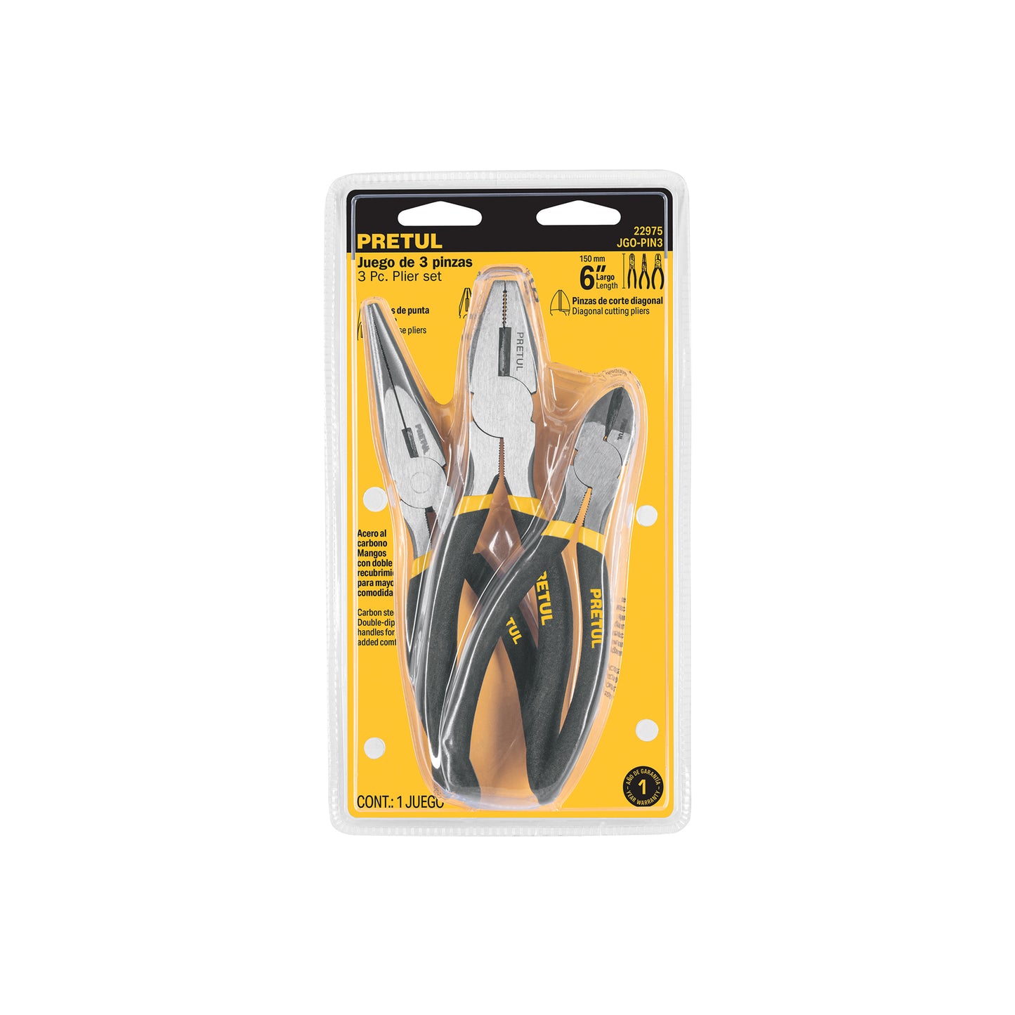 Juego 3 Pinzas 6 Pulgadas Pretul JGO-PIN3 - Acero Carbono Mango PVC - Herramientas Profesionales Ferretería