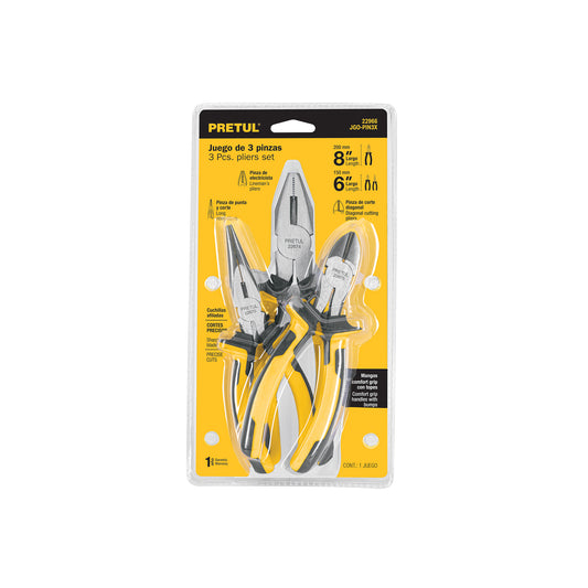 Juego 3 Pinzas Mango Comfort Grip Pretul JGO-PIN3X - Acero Carbono Antideslizante para Trabajos de Precisión y Sujeción Segura