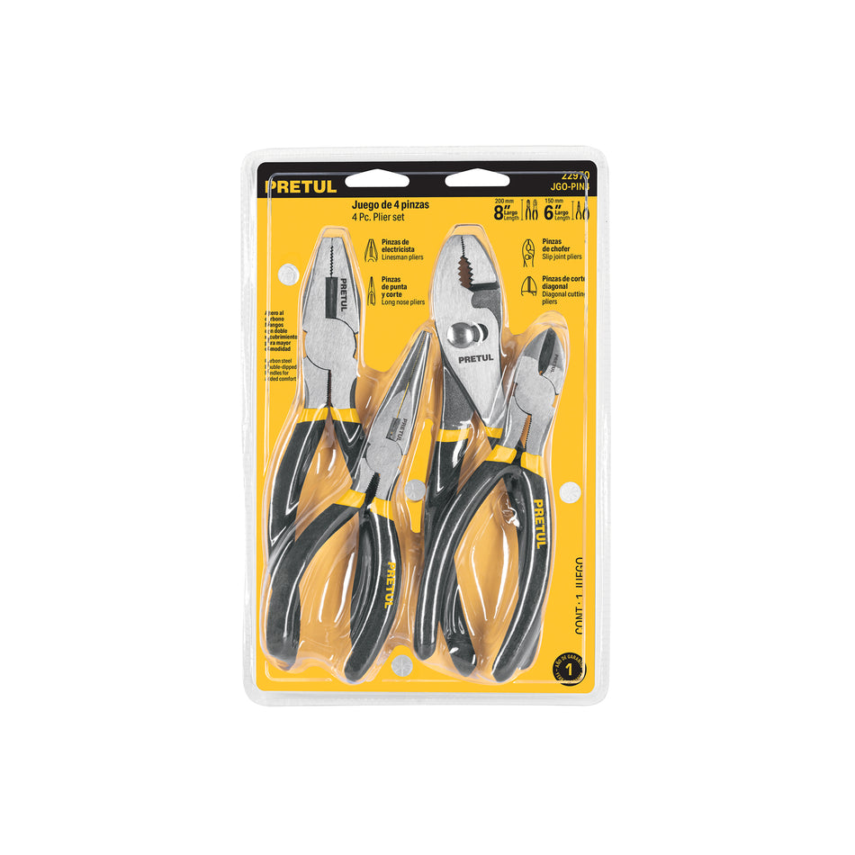 Juego 4 Pinzas Mango Vinil Pretul JGO-PIN4 - Acero Carbono PVC - Herramientas Precisión Agarre Seguro
