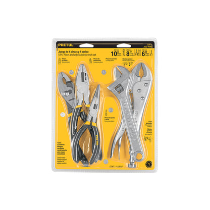 Juego de 4 Pinzas y 1 Llave Ajustable Mango Vinil Pretul JGO-PIN5 - Kit Herramientas Profesional para Reparación y Mantenimiento