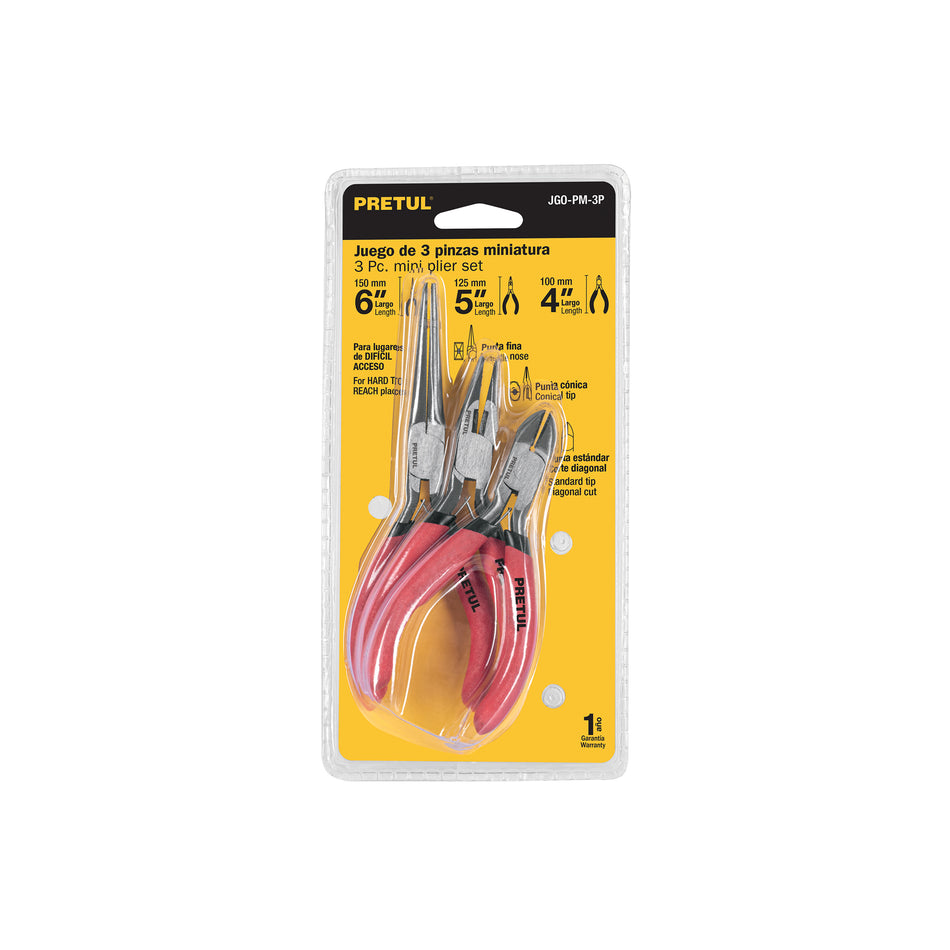 Juego 3 Mini Pinzas Pretul JGO-PM-3P - Acero Carbono PVC - Precisión Trabajos Delicados Electrónica Joyería