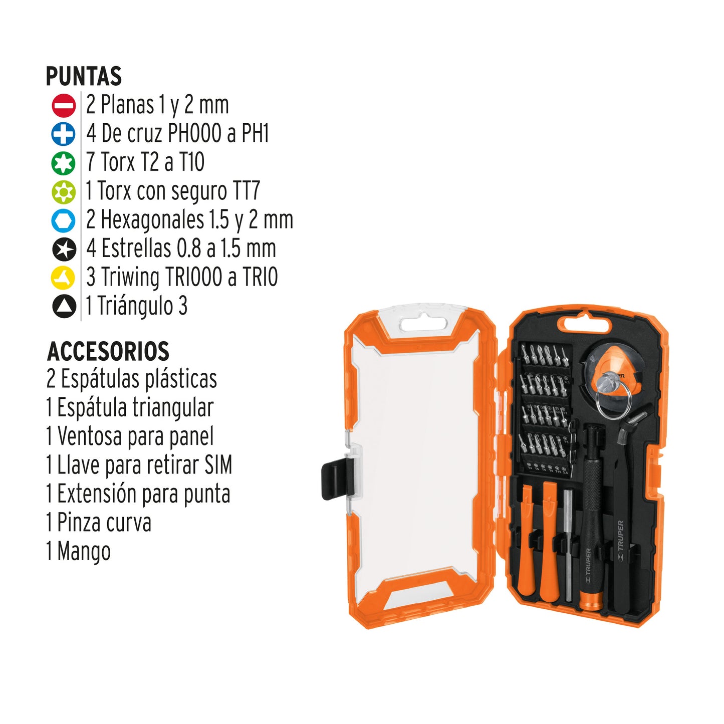 Juego de 32 Piezas para Reparación de Electrónicos Truper - Kit Profesional de Destornilladores de Precisión con Puntas Cromo Vanadio - Solución Completa para Dispositivos Inteligentes, Celulares, Tablets y Equipos Electrónicos