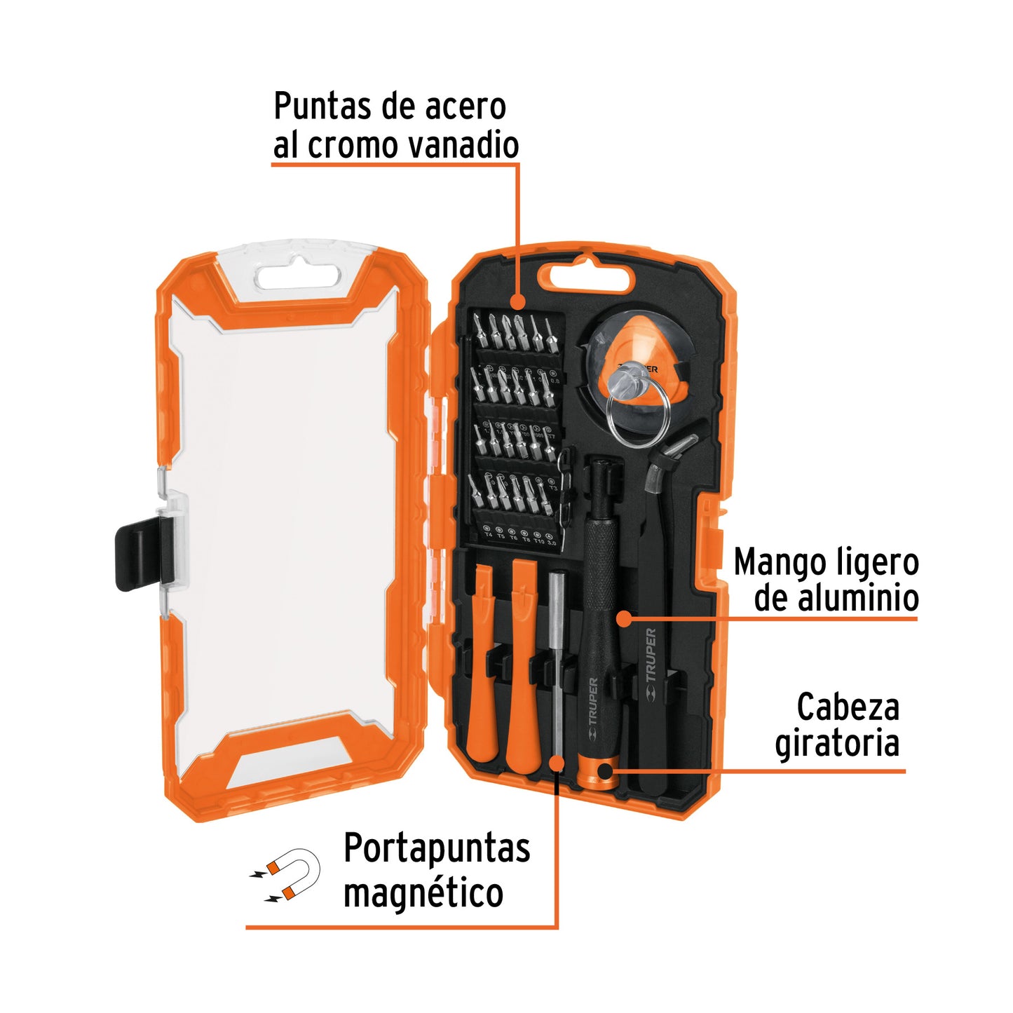 Juego de 32 Piezas para Reparación de Electrónicos Truper - Kit Profesional de Destornilladores de Precisión con Puntas Cromo Vanadio - Solución Completa para Dispositivos Inteligentes, Celulares, Tablets y Equipos Electrónicos