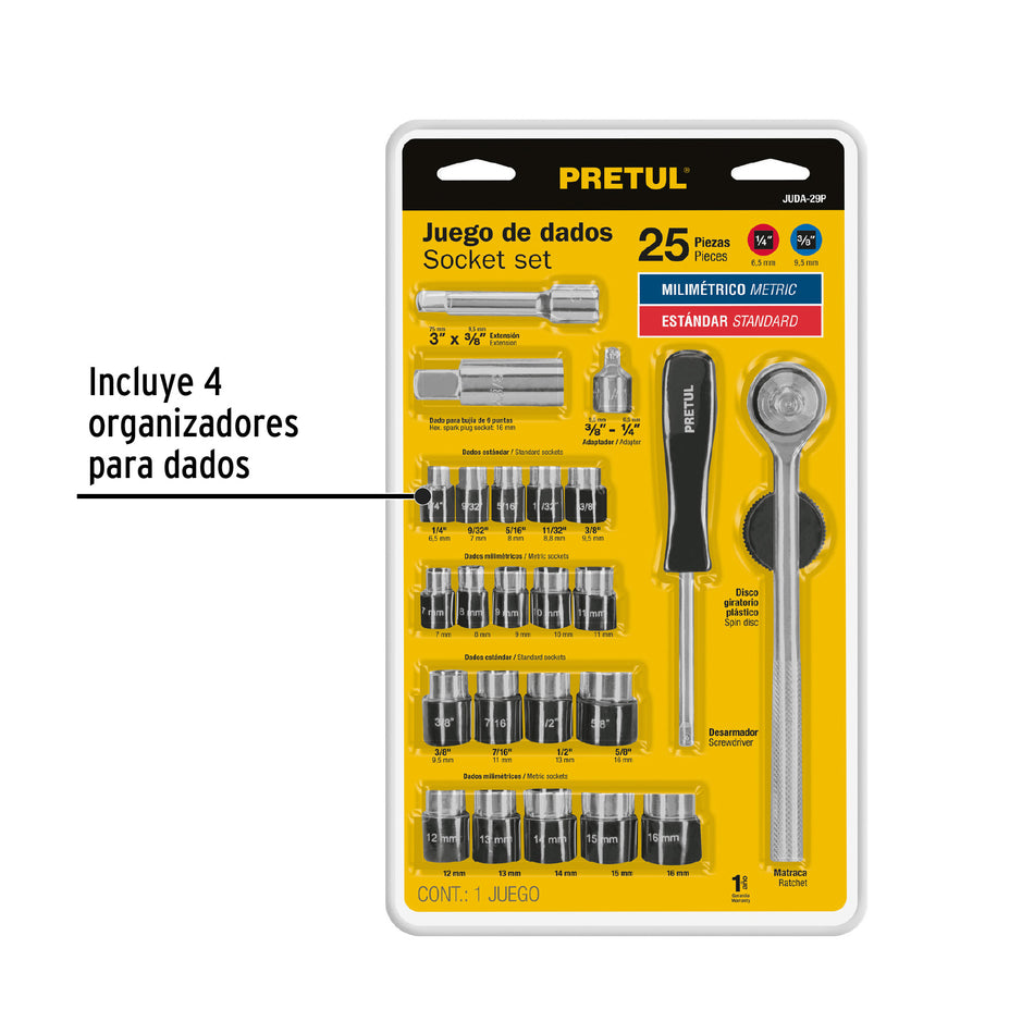 Juego de 25 herramientas 1/4" y 3/8" para mecánico, Pretul