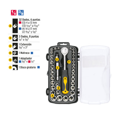 Juego de Herramientas Mecánicas Pretul 39 Piezas 1/4" y 3/8" con Estuche - Kit Completo para Reparación Automotriz y Mantenimiento Profesional JUDA-38P