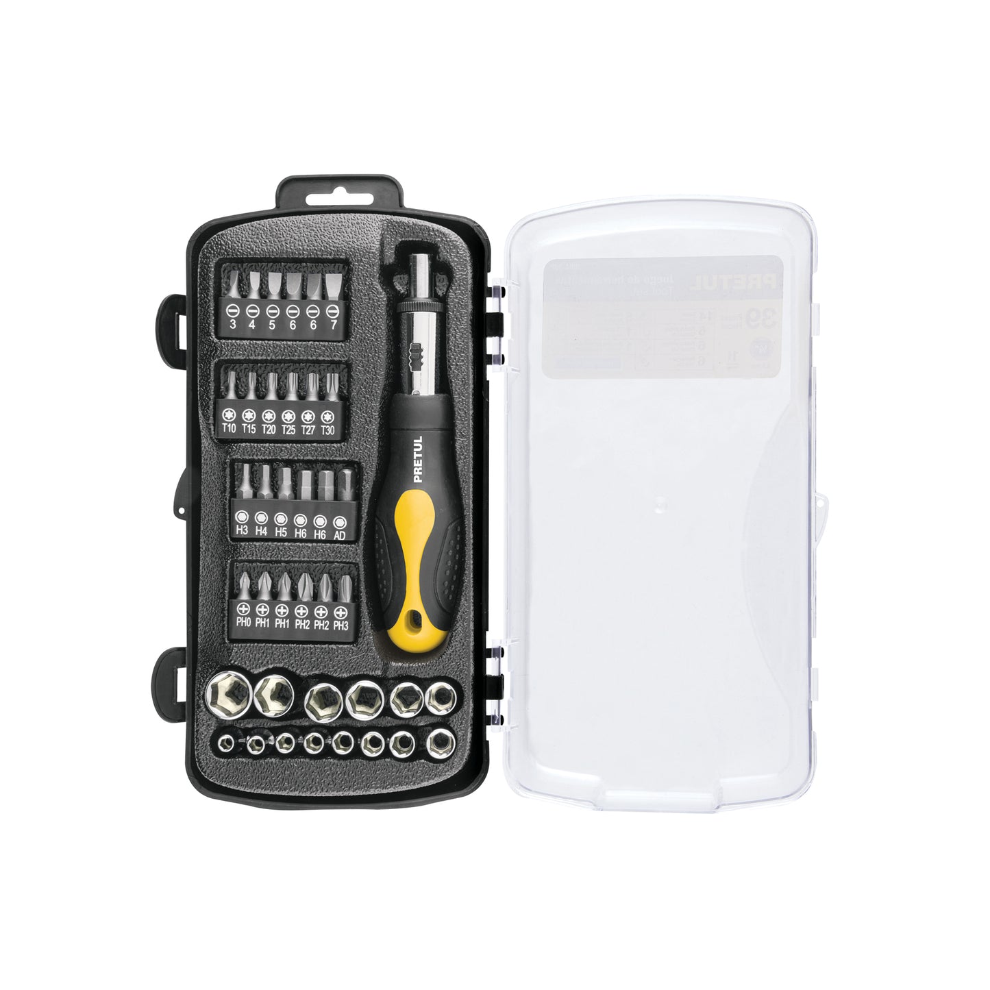 Juego de 39 Herramientas 1/4 Pulgada Pretul JUDA-39P - Kit Completo Mecánico Profesional con Matraca Doble Sistema y Mango Comfort Grip - Solución Integral para Reparación Automotriz