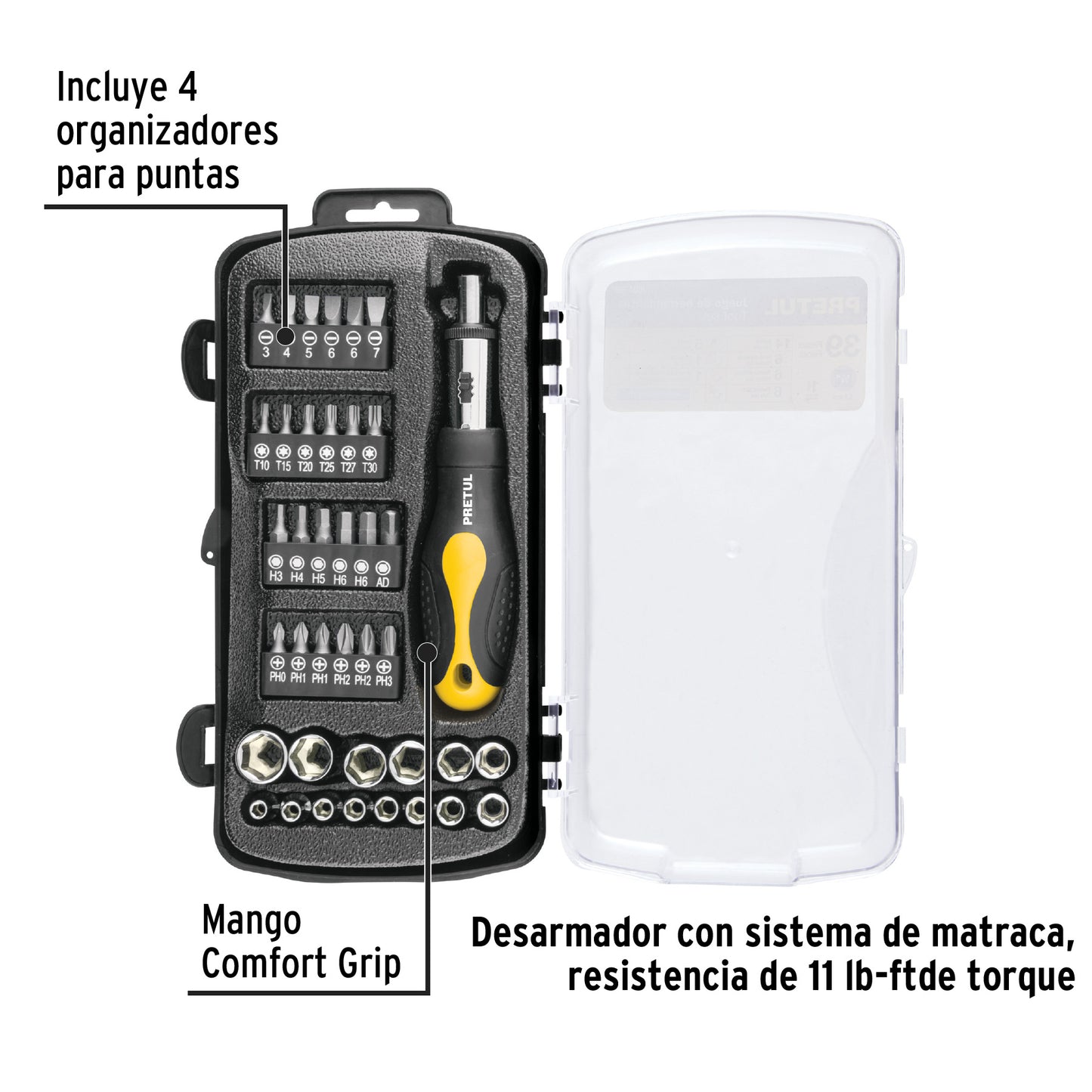 Juego de 39 Herramientas 1/4 Pulgada Pretul JUDA-39P - Kit Completo Mecánico Profesional con Matraca Doble Sistema y Mango Comfort Grip - Solución Integral para Reparación Automotriz