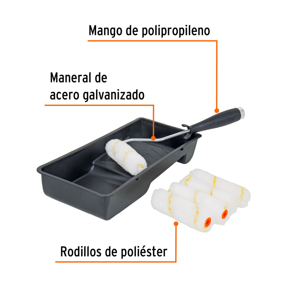 Kit de rodillo para pintar, 4" (maneral, charola y felpa)