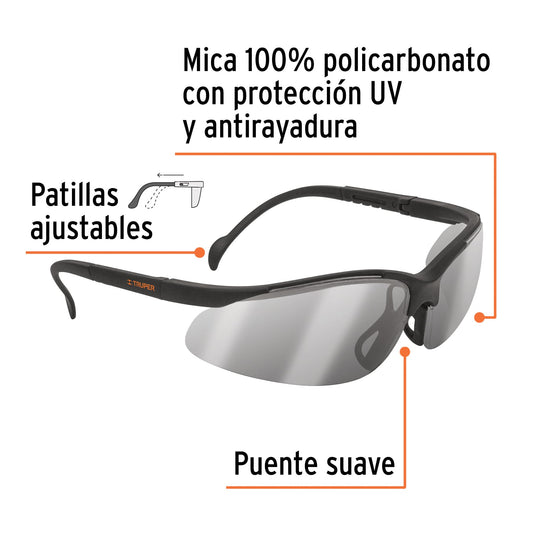 Lentes de Seguridad Espejo Plata TRUPER Vision LEDE-EP - Protección UV Antirayadura para Industria Construcción y Taller
