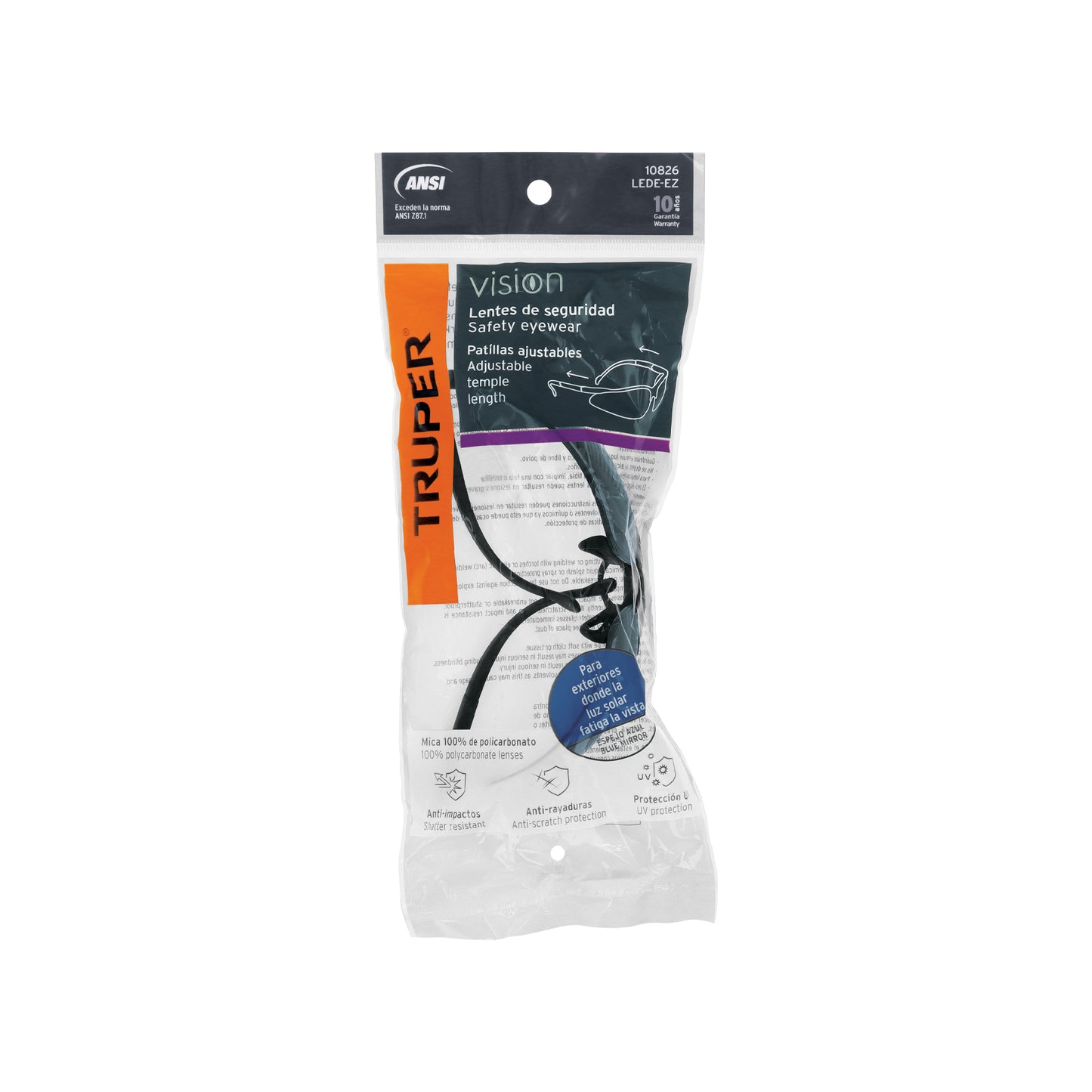 Lentes de Seguridad Truper LEDE-EZ Espejo Azul - Protección UV Antirayadura para Industria y Construcción