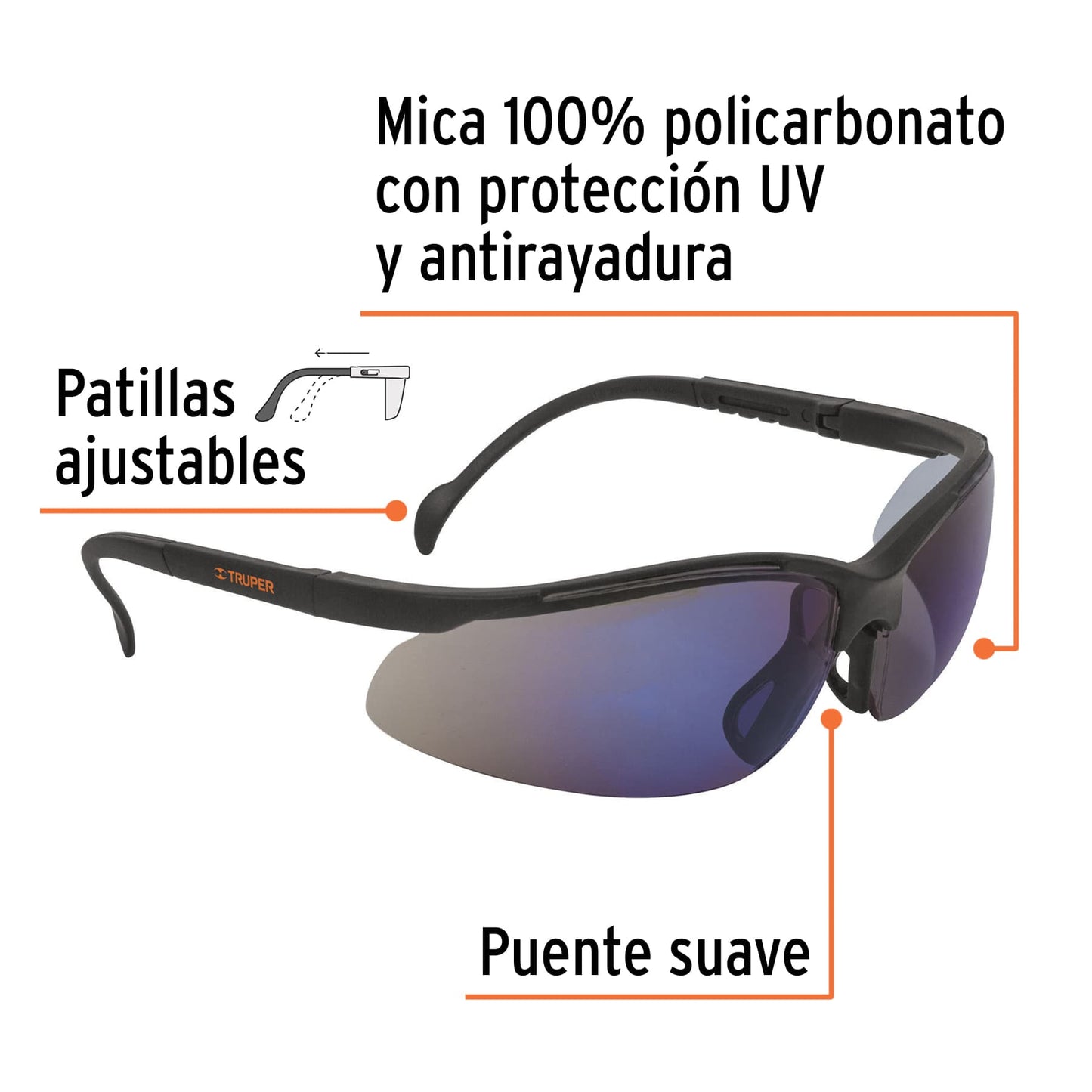 Lentes de Seguridad Truper LEDE-EZ Espejo Azul - Protección UV Antirayadura para Industria y Construcción