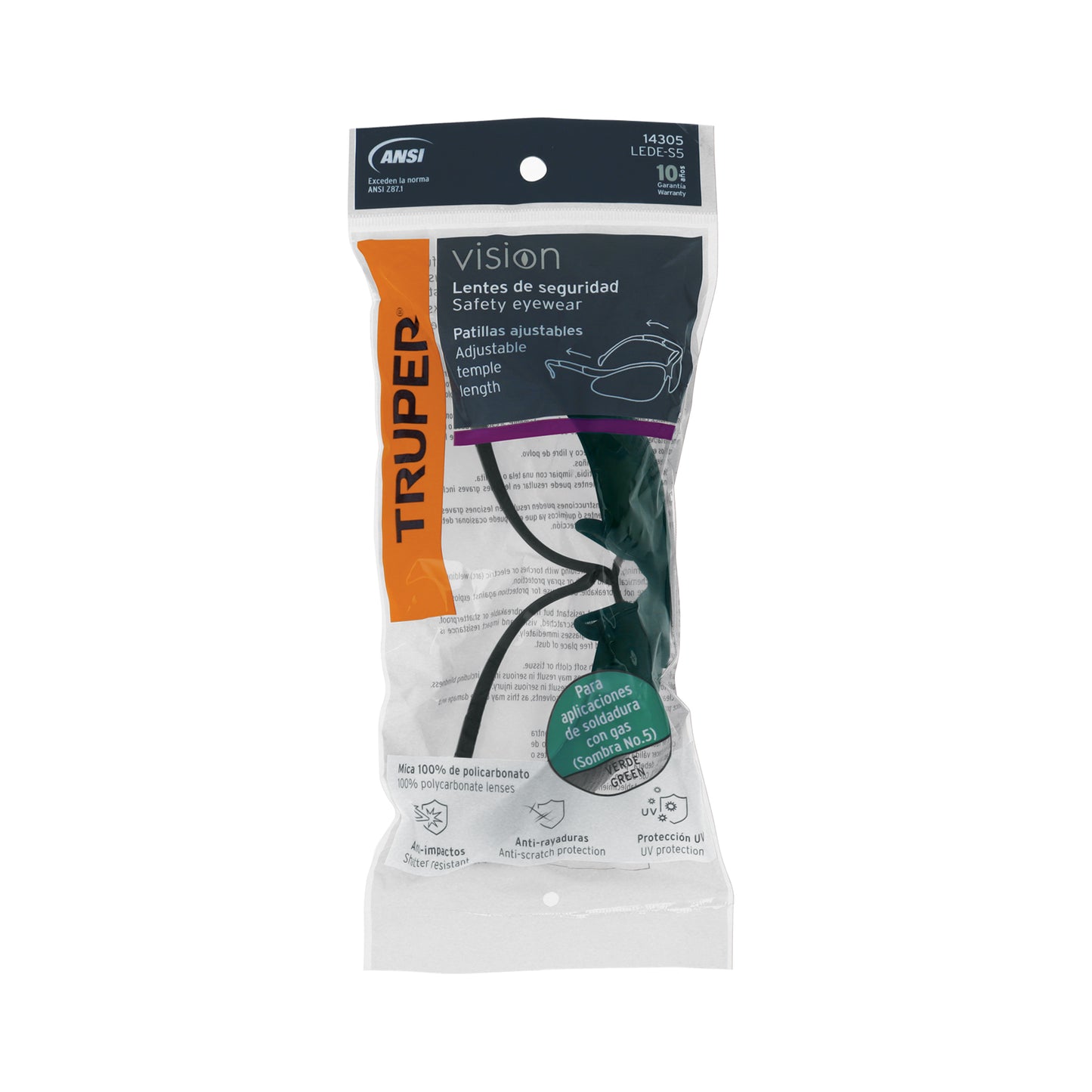 Lentes de Seguridad Industrial Truper LEDE-S5 - Protección UV Policarbonato Verde Anti-Rayadura para Construcción y Taller