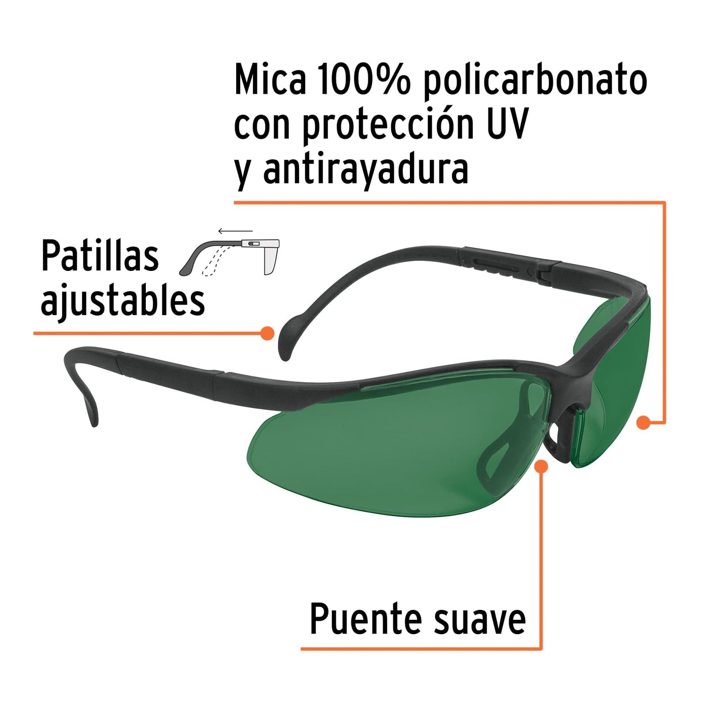 Lentes de Seguridad Industrial Truper LEDE-S5 - Protección UV Policarbonato Verde Anti-Rayadura para Construcción y Taller