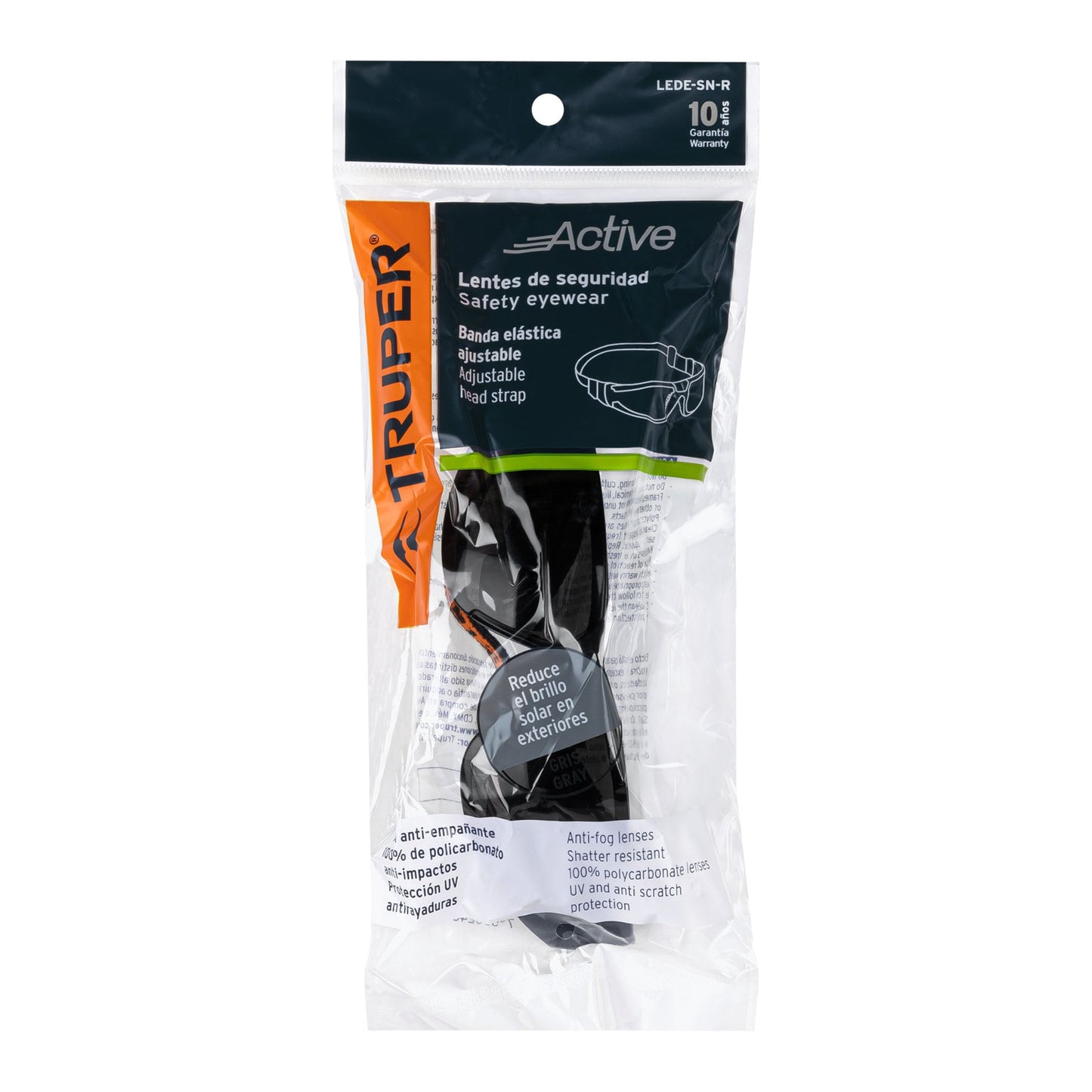 Lentes de Seguridad Industriales Truper Active LEDE-SN-R - Protección UV Antiempañante con Banda Elástica para Construcción, Taller e Industria - Mica Policarbonato Antirayadura Gris