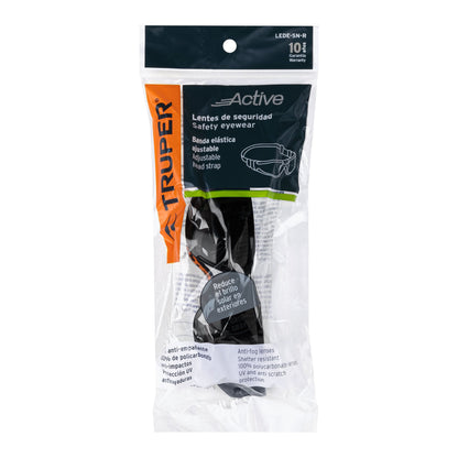Lentes de Seguridad Industriales Truper Active LEDE-SN-R - Protección UV Antiempañante con Banda Elástica para Construcción, Taller e Industria - Mica Policarbonato Antirayadura Gris