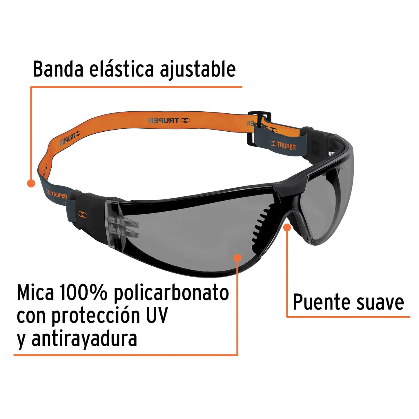 Lentes de Seguridad Industriales Truper Active LEDE-SN-R - Protección UV Antiempañante con Banda Elástica para Construcción, Taller e Industria - Mica Policarbonato Antirayadura Gris