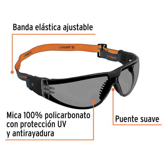 Lentes de Seguridad Industriales Truper Active LEDE-SN-R - Protección UV Antiempañante con Banda Elástica para Construcción, Taller e Industria - Mica Policarbonato Antirayadura Gris