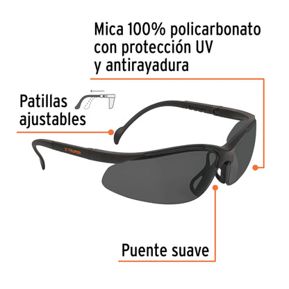 Lentes de Seguridad Grises Truper Vision LEDE-SN - Protección UV Antirayadura para Industria, Construcción y Taller - Policarbonato Resistente