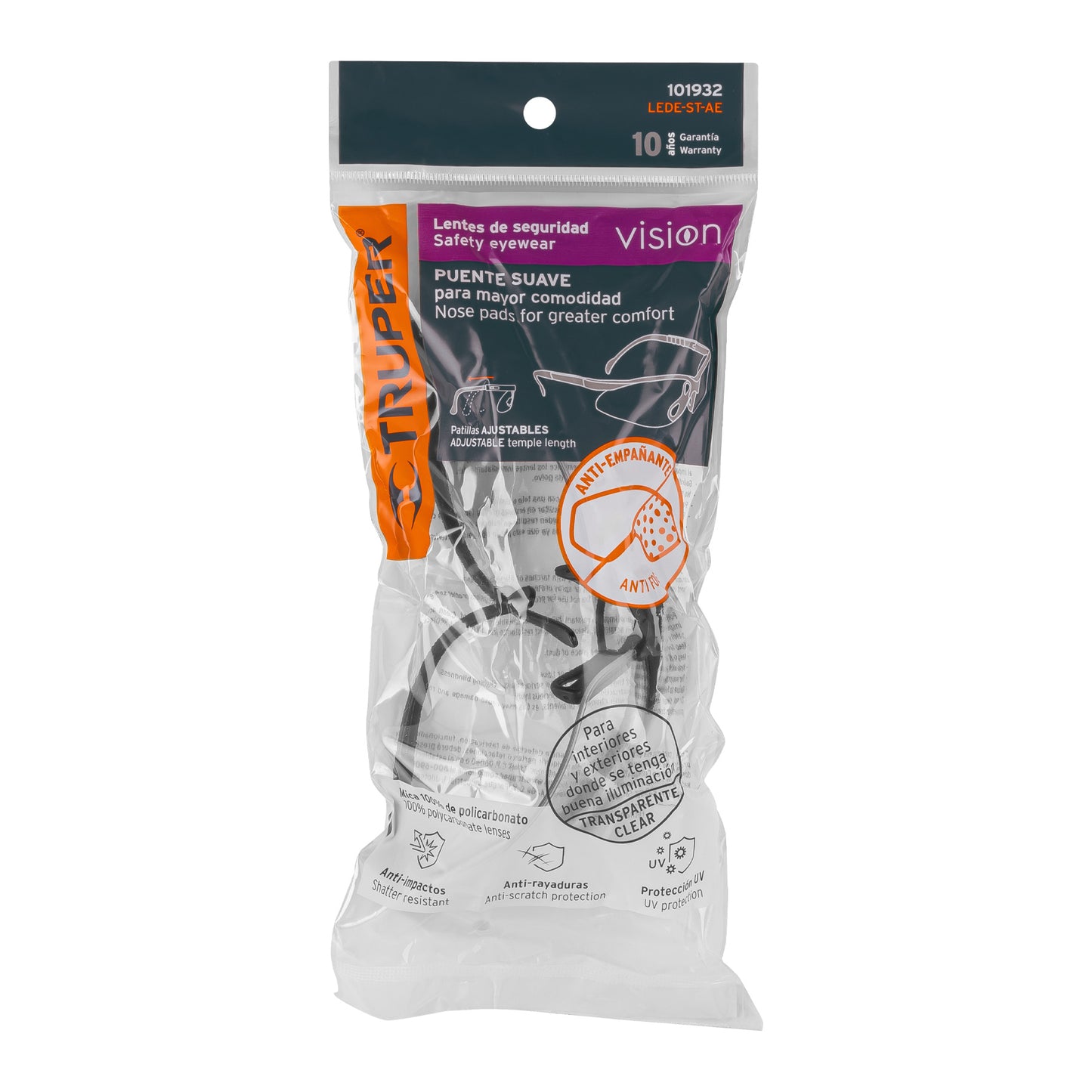 Lentes de Seguridad Antiempañantes Transparentes Vision LEDE-ST-AE - Protección UV Policarbonato para Industria y Construcción