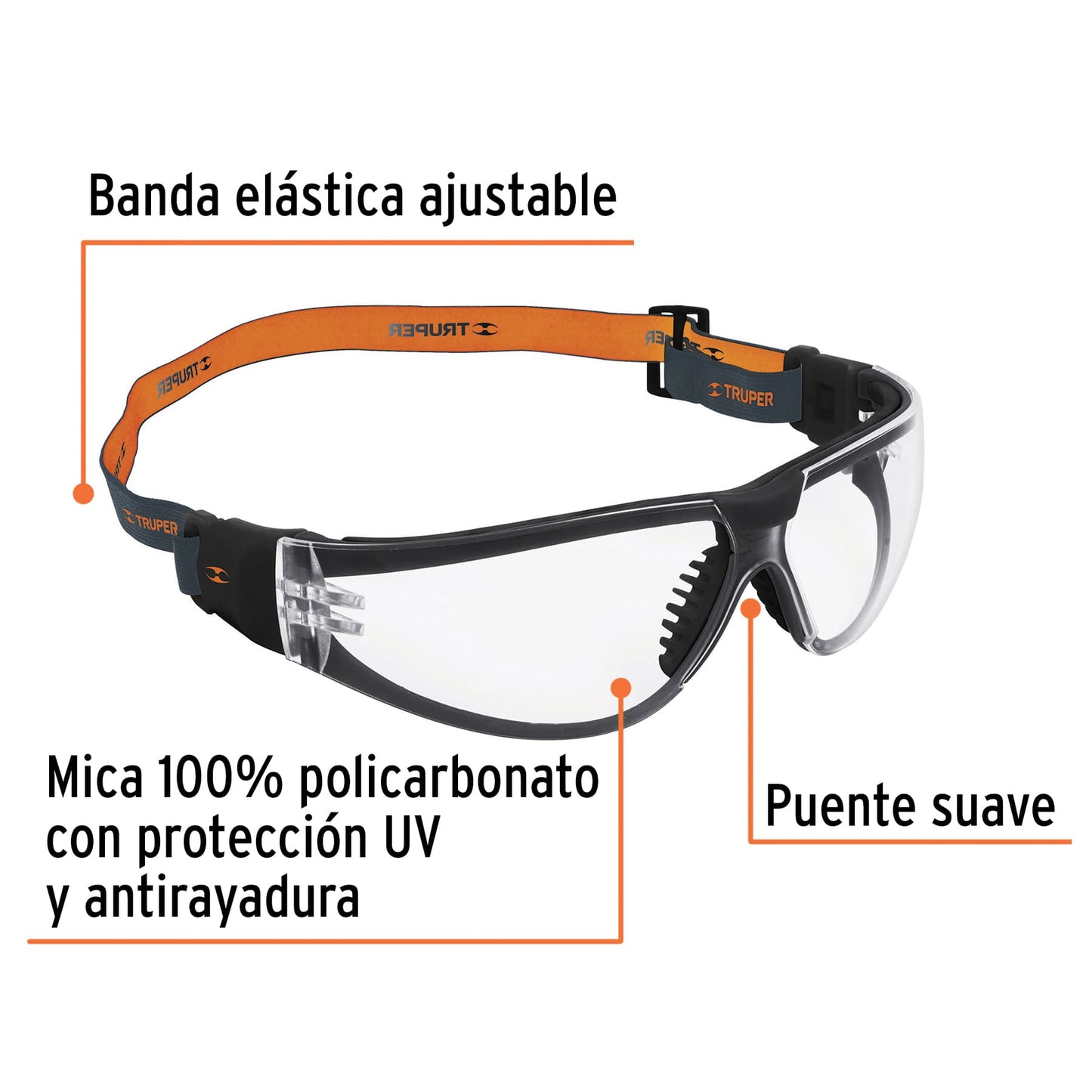 Lentes de Seguridad Transparentes con Banda Elástica TRUPER Active - Protección UV Antiempañante para Industria, Construcción y Deportes - LEDE-ST-R