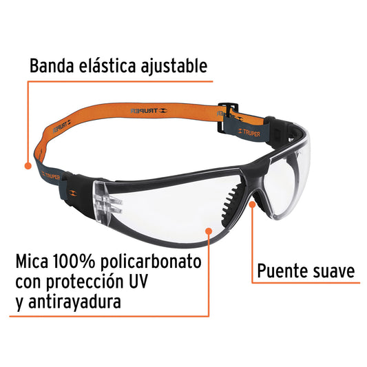 Lentes de Seguridad Transparentes con Banda Elástica TRUPER Active - Protección UV Antiempañante para Industria, Construcción y Deportes - LEDE-ST-R