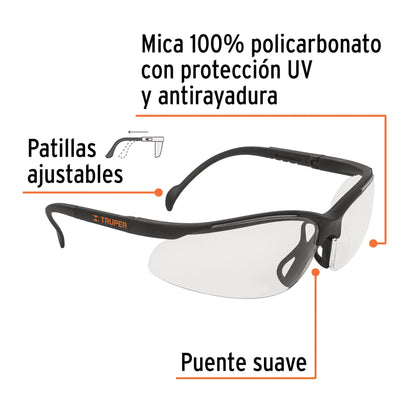 Lentes de Seguridad Transparentes Truper Vision LEDE-ST - Protección UV Policarbonato Antirayadura para Industria Construcción Taller