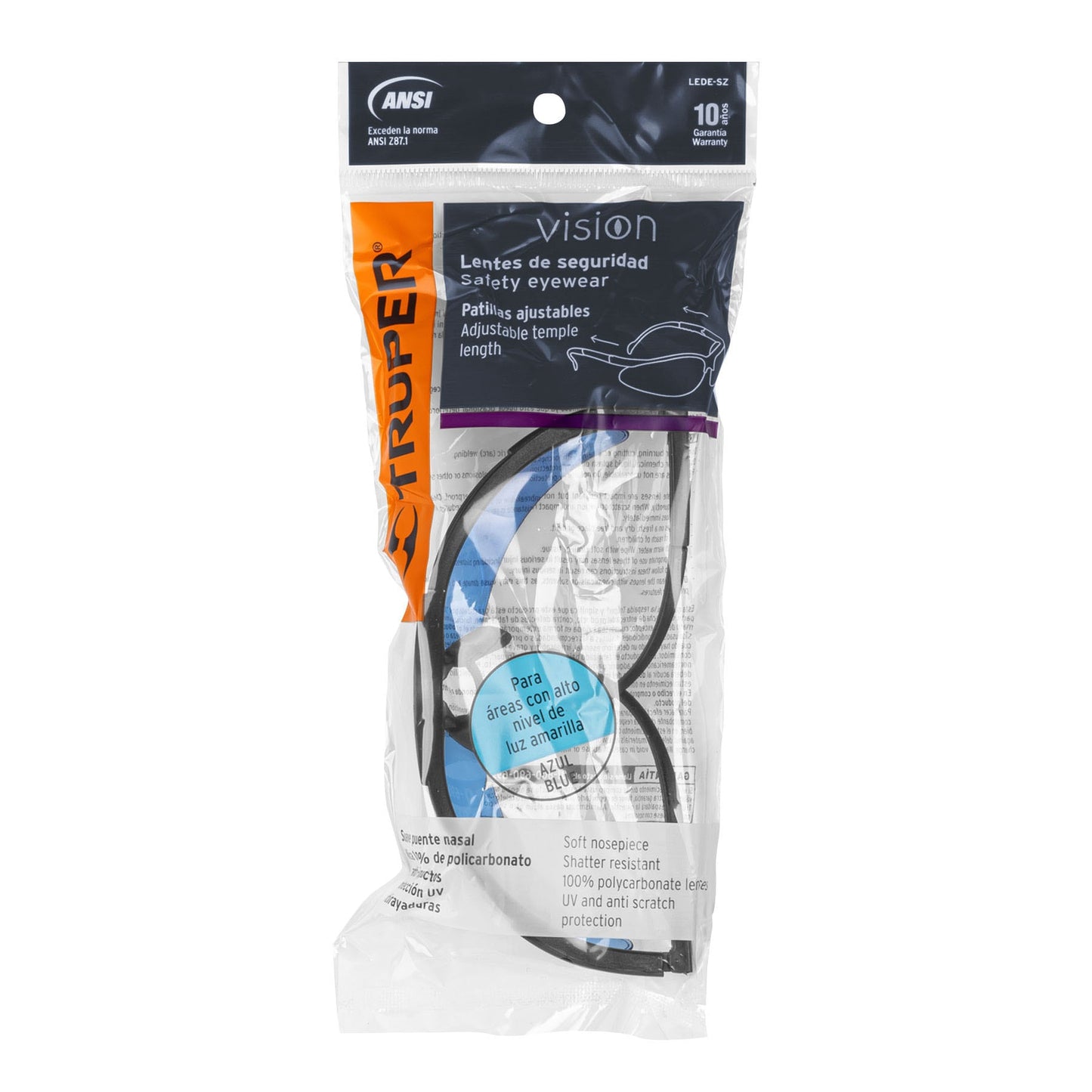 Lentes de Seguridad Azules Truper Vision LEDE-SZ - Protección UV Policarbonato Antirayadura para Industria Construcción Taller