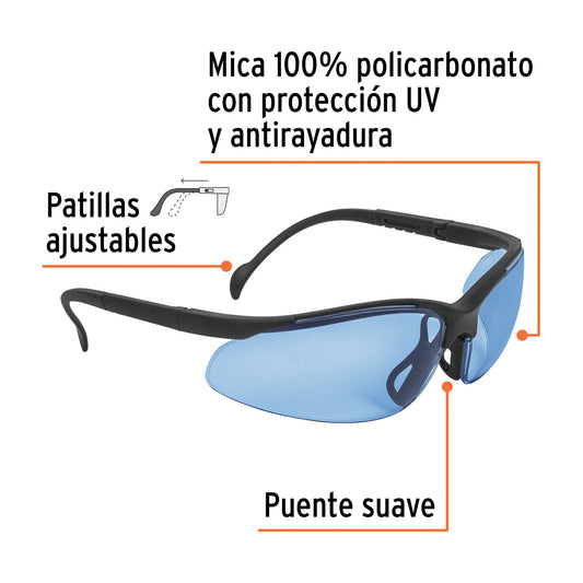 Lentes de Seguridad Azules Truper Vision LEDE-SZ - Protección UV Policarbonato Antirayadura para Industria Construcción Taller