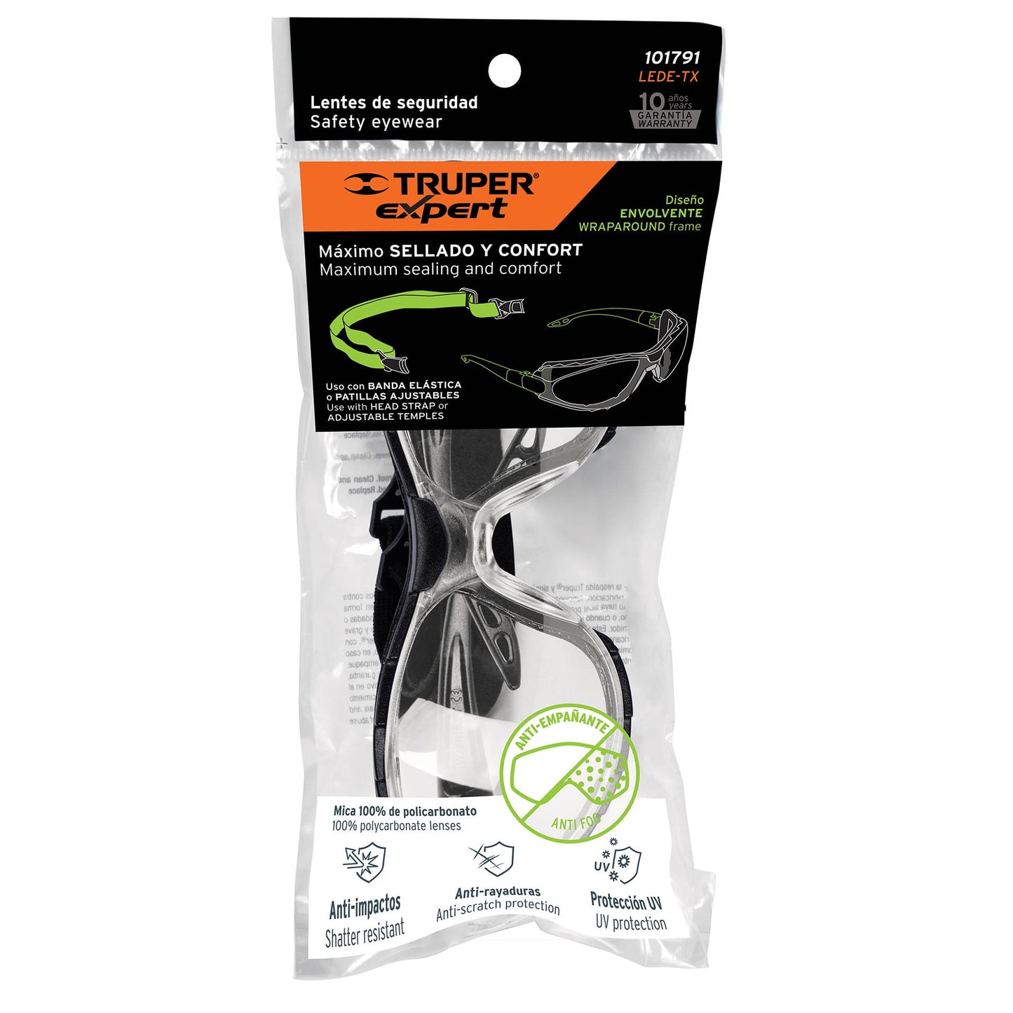 Lentes de Seguridad Antiempañantes Expert LEDE-TX - Protección UV Policarbonato con Marco Espuma y Correa Ajustable para Trabajo, Deportes y Hogar