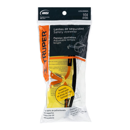 Lentes de Seguridad Industrial Truper LEN-2000A - Protección UV Antirayadura para Construcción y Taller