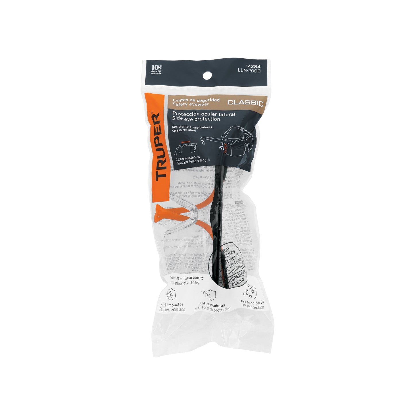Lentes de Seguridad Ajustables Truper Classic LEN-2000 - Protección UV Antirayadura para Industria, Construcción y Taller - Mica Policarbonato Transparente