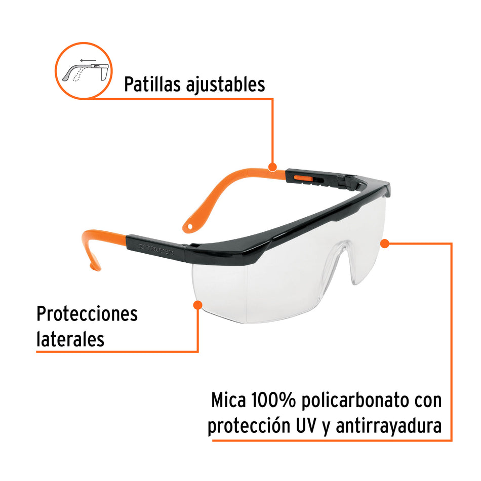 Lentes de Seguridad Ajustables Truper Classic LEN-2000 - Protección UV Antirayadura para Industria, Construcción y Taller - Mica Policarbonato Transparente