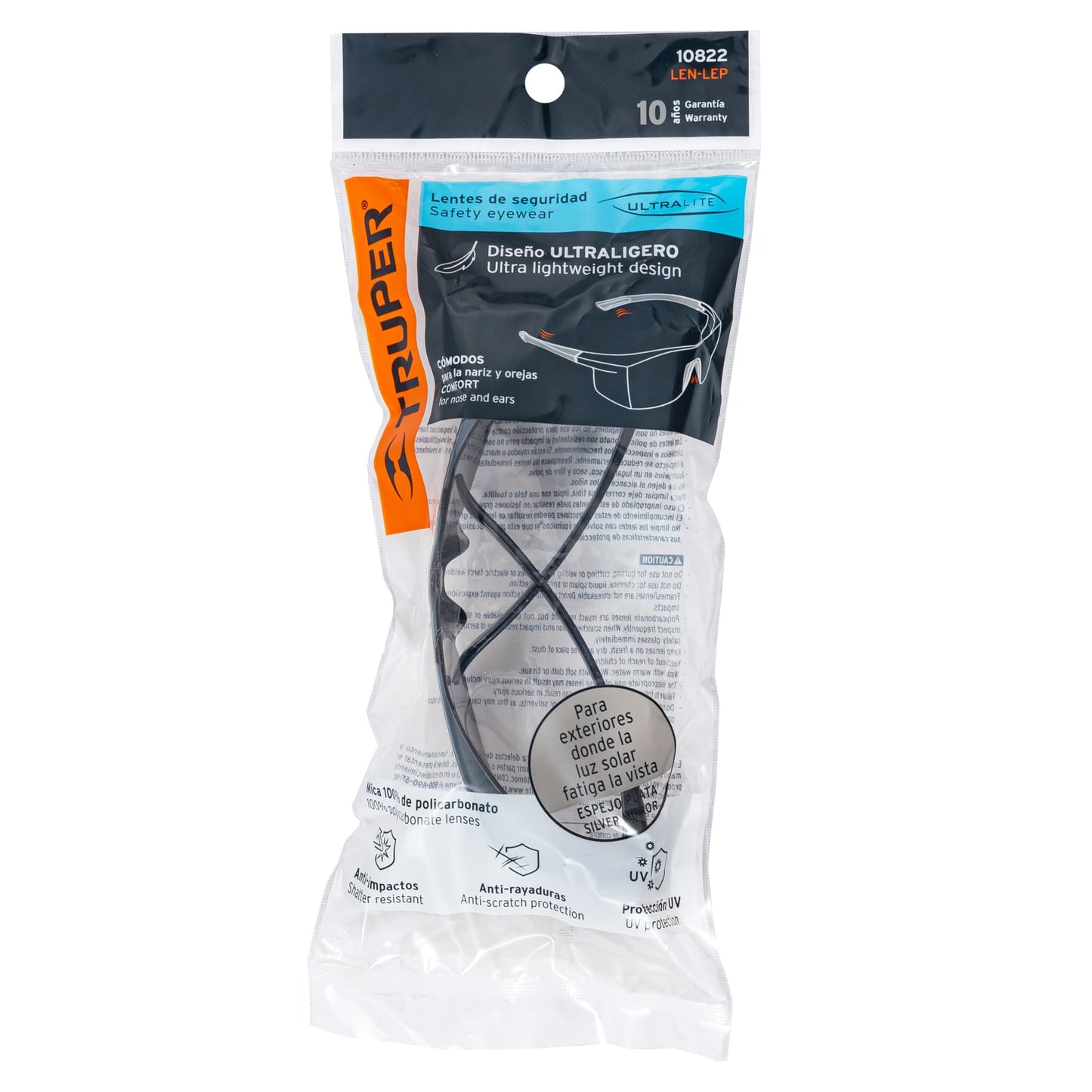Lentes de Seguridad Truper Ultralite Espejo Plata - Protección UV Antirayadura Policarbonato - Industria Construcción Taller - LEN-LEP