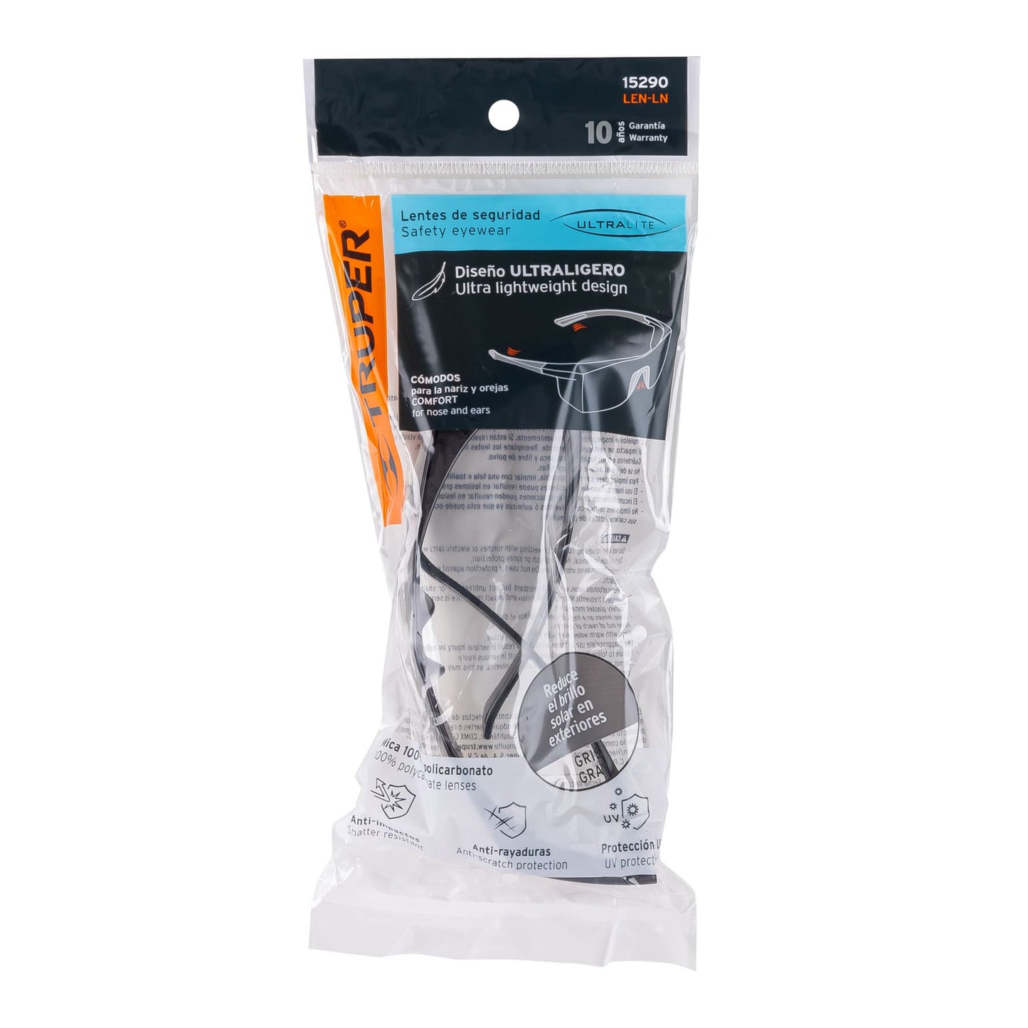 Lentes de Seguridad Grises Truper Ultralite LEN-LN - Protección UV Antirayadura Policarbonato - Solución Profesional para Industria Construcción Taller