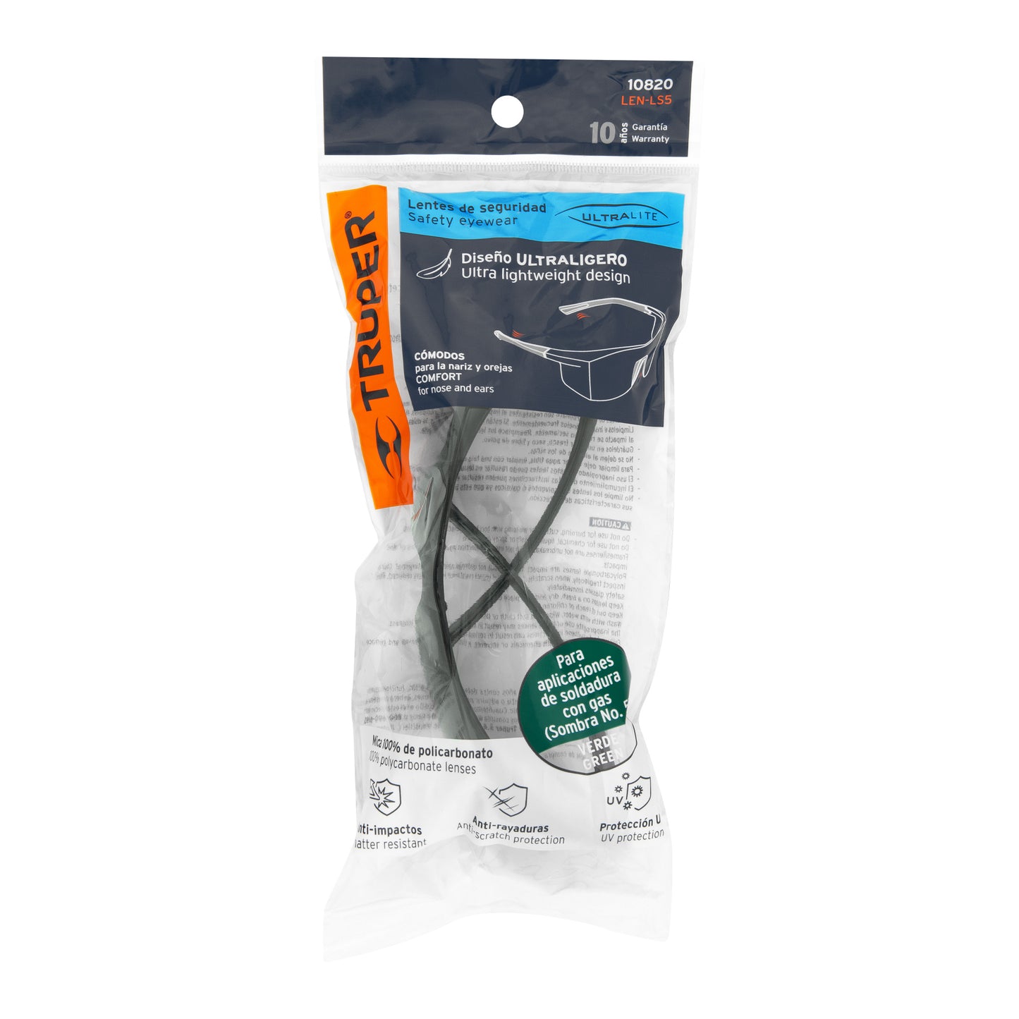 Lentes de Seguridad Verdes Truper Ultralite LEN-LS5 - Protección UV Antirayadura para Industria Construcción Taller - Policarbonato Ultraligero
