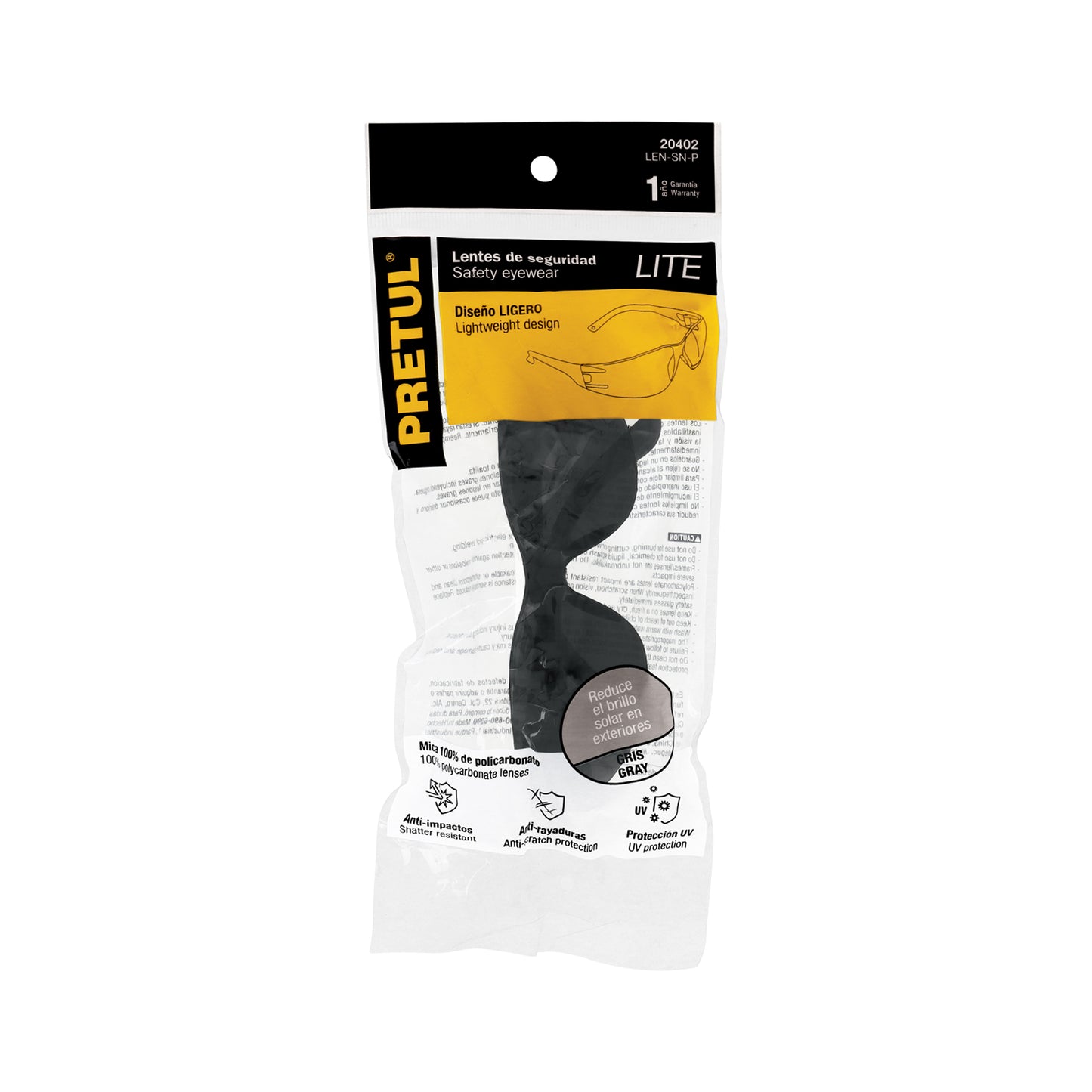 Lentes de Seguridad Grises Pretul Lite LEN-SN-P - Protección UV Policarbonato Antirayaduras para Industria Construcción Taller