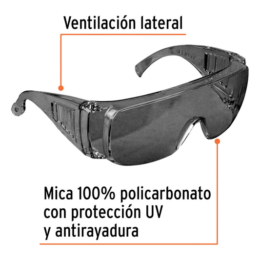Lentes de Seguridad Grises Truper Safe LEN-SN - Protección UV Antirayadura para Industria, Construcción y Taller - Policarbonato Resistente