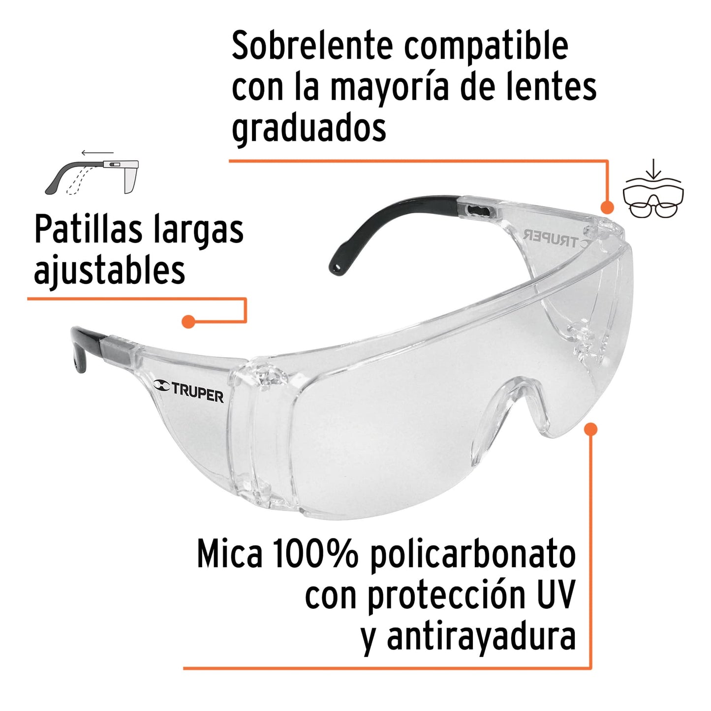 Sobrelentes de Seguridad Transparentes Truper Safe LESO-TR - Protección UV Antirayadura Compatible con Lentes Graduados para Industria y Construcción