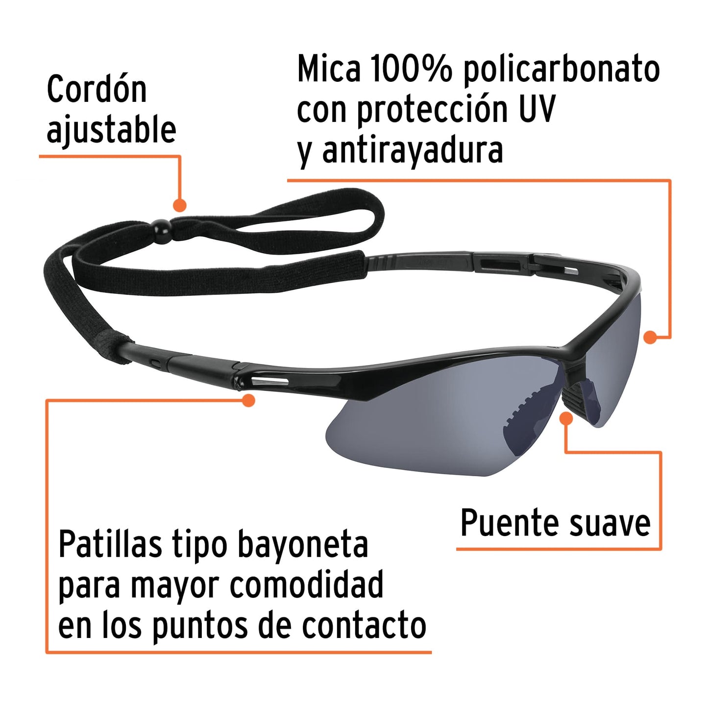 Lentes de Seguridad Espejo Plata Antirayadura UV - Protección Industrial Profesional con Cordón Ajustable LESP-EP